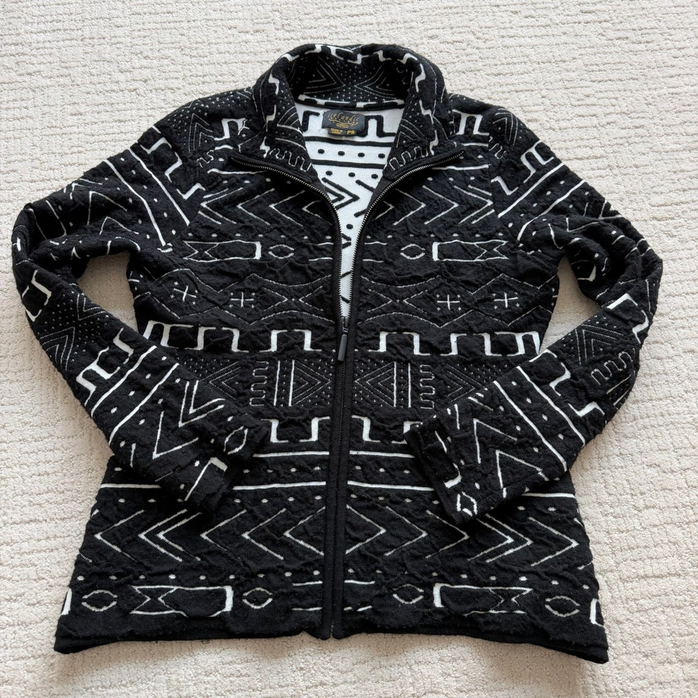 Icelandic Design Merino Wool Blend Full Zip Geometric Cardigan Sweater Black PS